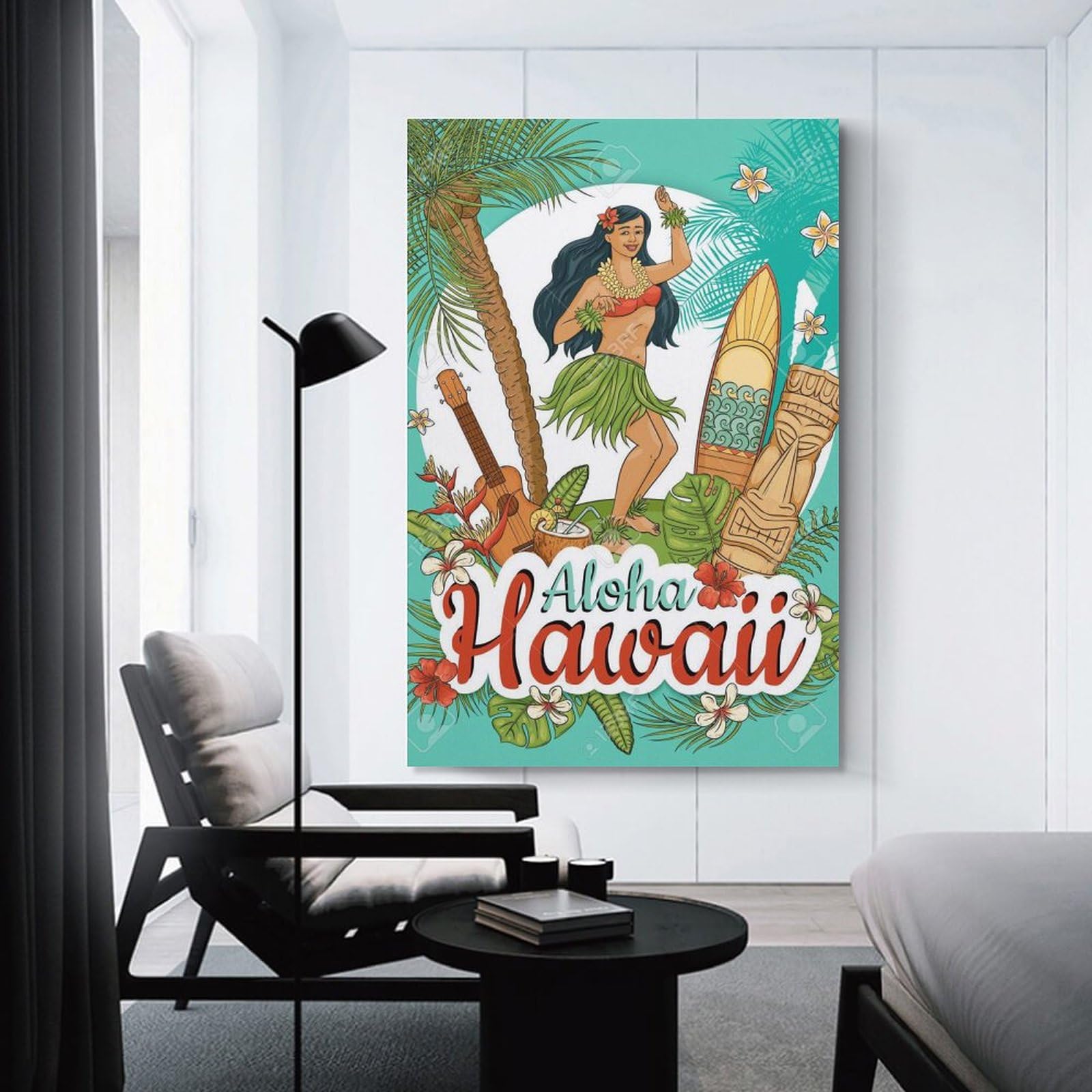 Amazon.co.jp: ハワイの女性は手のひらと花の漫画風に囲まれた舞踊フラ